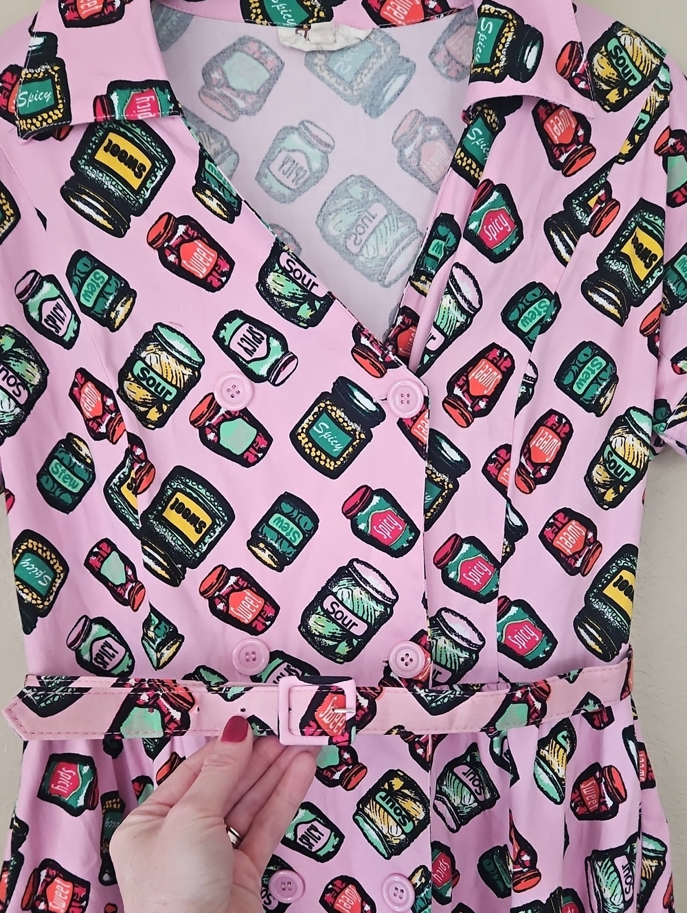 Pink Short-Sleeve Button-Front A-Line Dress with Pickle Jar Print XL - Picture 6 of 6
